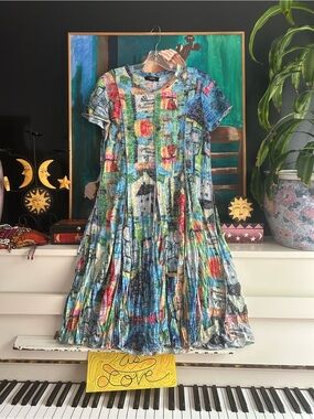 Pasha M Abstract Print Crinkle Pleated Midi Dress Artsy 90s Y2K Boho